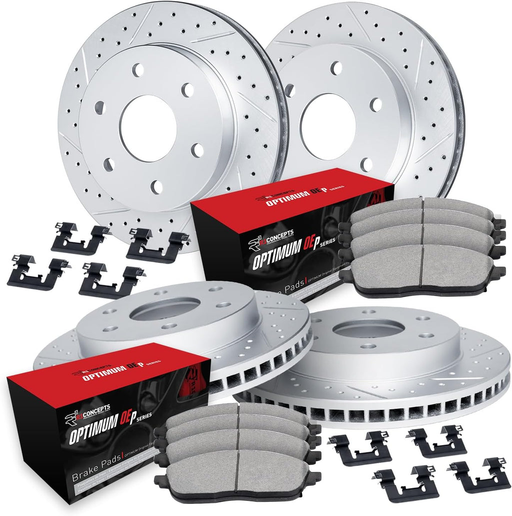 R1 Concepts Front and Rear Brake Kit Fits 2021-2024 Cadillac Escalade, Chevrolet Suburban, Chevrolet Tahoe, GMC Yukon| Optimum Oep Pads, Drilled Slotted Rotors| Hardware| 13.5' Front & 13.6' Rear