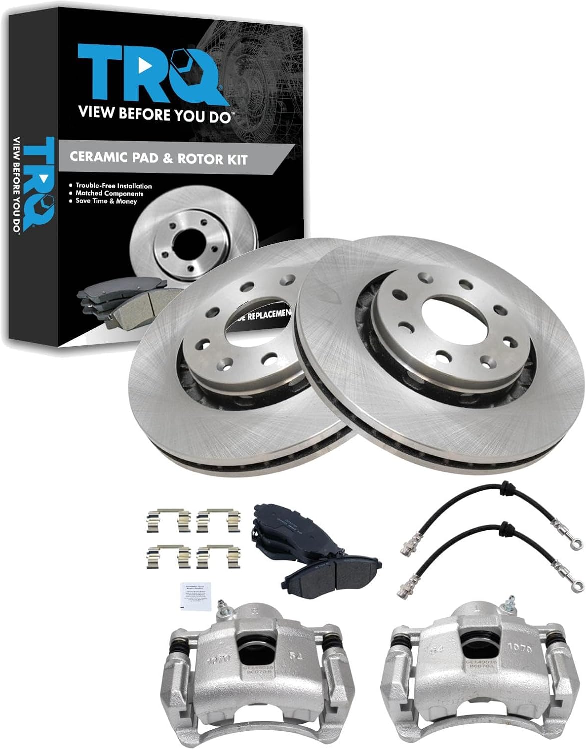 TRQ Front Brake Pad and Rotor Set Ceramic Rotors Calipers Hoses Compatible with 2004-2011 Chevrolet Aveo 2007-2011 Aveo5 2009 Pontiac G3