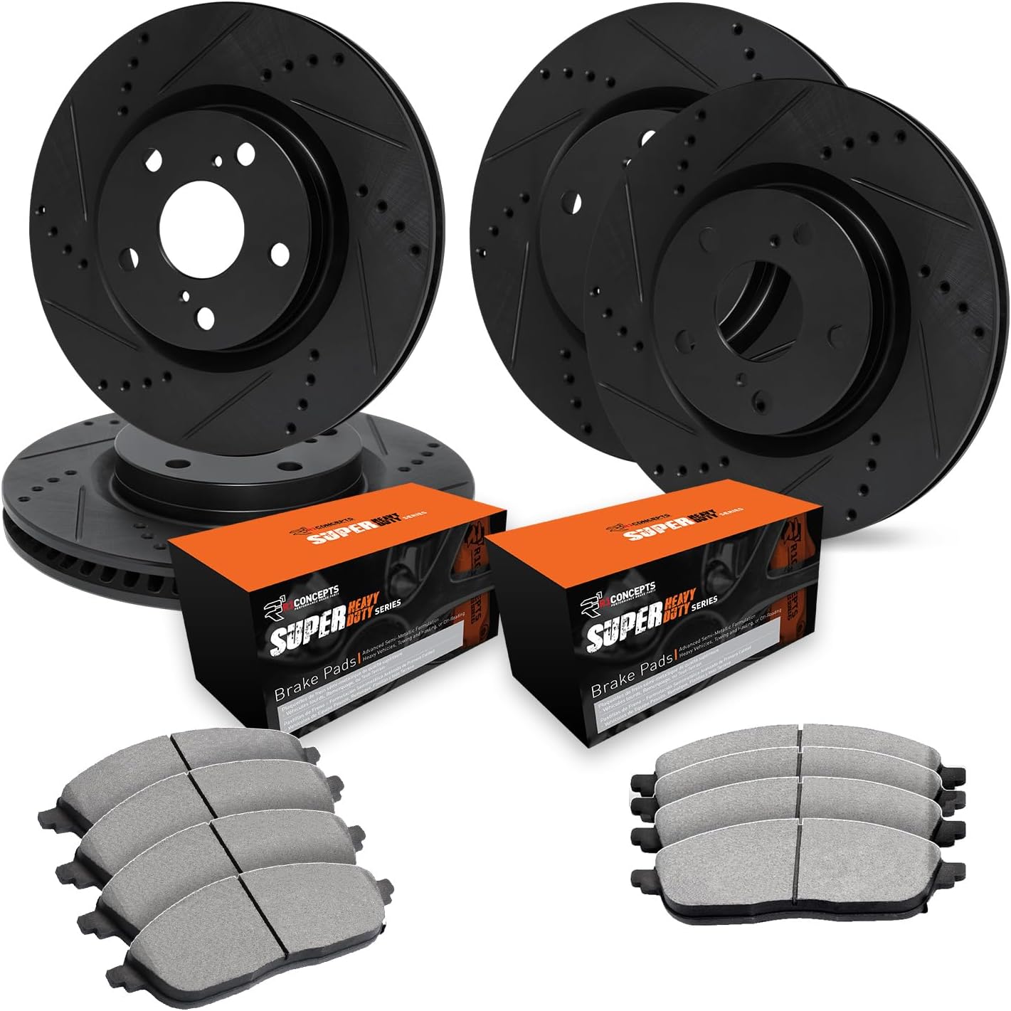 R1 Concepts Front and Rear Brake Kit Fits 2016-2021 Lexus LX570, Toyota Land Cruiser; 2008-2022 Toyota Sequoia| Super Duty Brake Pads and Drilled Slotted Brake Rotors| 13.9' Front & 13.6' Rear
