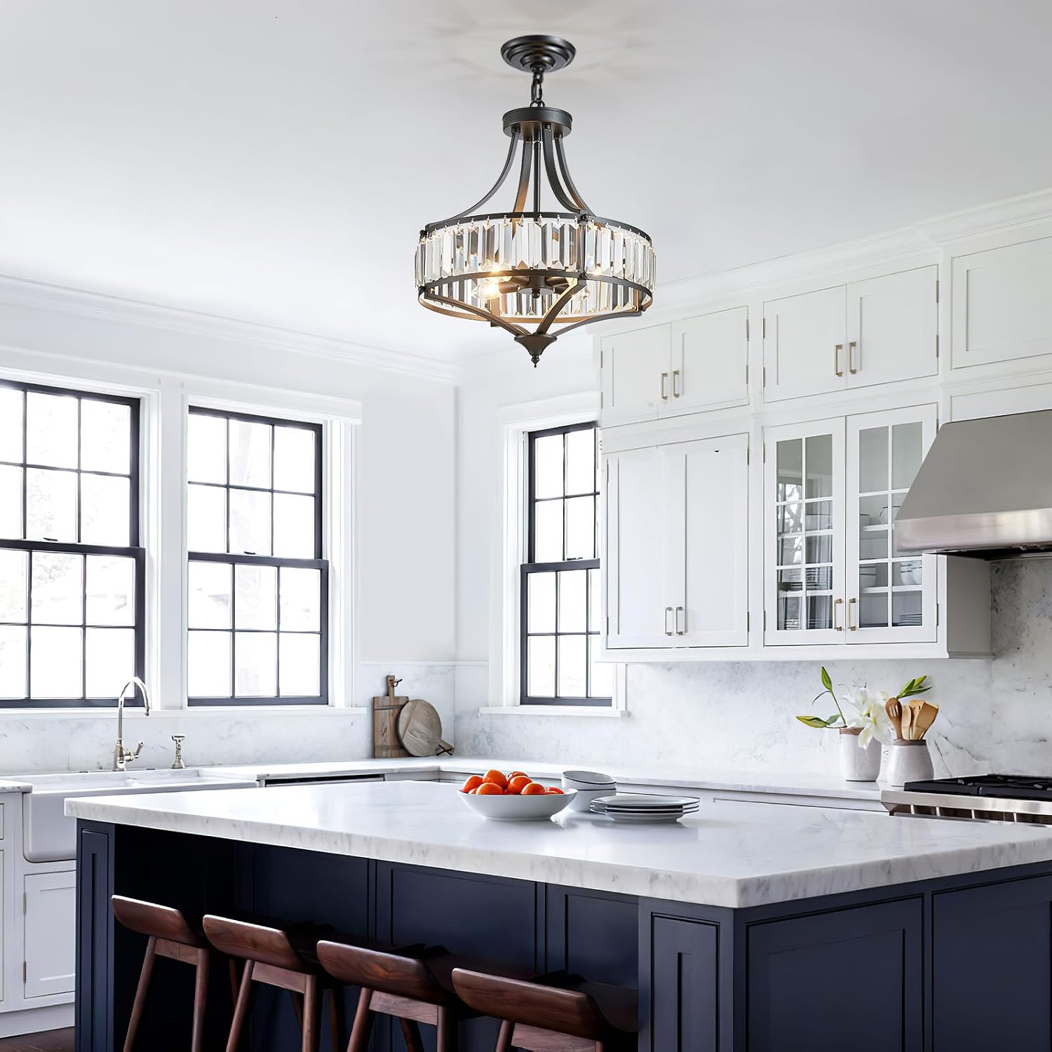 Black Crystal Chandeliers for Dining Room, Round Rustic Farmhouse Chandelier with Metal Shade 4-Light Modern Pendant Lighting for Hallway, Bedroom, Foyer