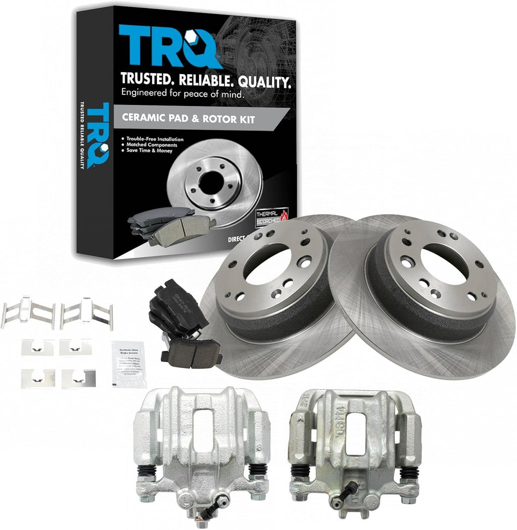TRQ Rear Brake Pad and Rotor Set Ceramic Solid Rotors Calipers Compatible with 1991-1995 Acura Legend 1996-1998 RL 1995-1998 Honda Odyssey 1996-1999 Isuzu Oasis