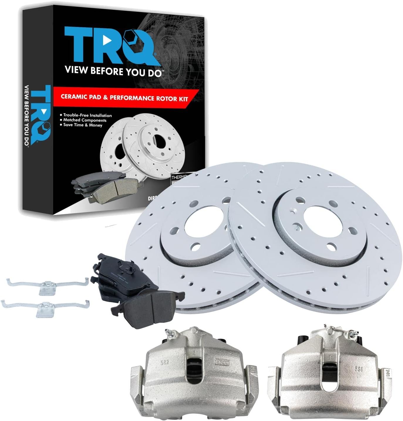 TRQ Performance Front Brake Pad and Rotor Set Ceramic Vented Coated Rotors Calipers Compatible with 2005 Volkswagen Jetta