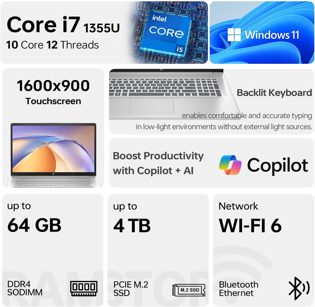 HP Essential 17t Business Laptop, 17.3' HD+ Touchscreen Display, Intel Core i7-1355U (> R5 7430U) High-Performance Tier Processor, 16GB RAM, 2TB SSD, HDMI, Fingerprint Reader, Wi-Fi 6, Windows 11 Home
