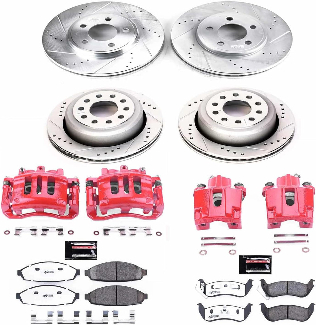 PowerStop Front and Rear Brake & Caliper Kit for Lincoln Town Car 2003-11 - Drilled & Slotted Disc Rotors + Carbon-Fiber Ceramic Brake Pads + Red-Powder Coated Calipers, KC4486-26