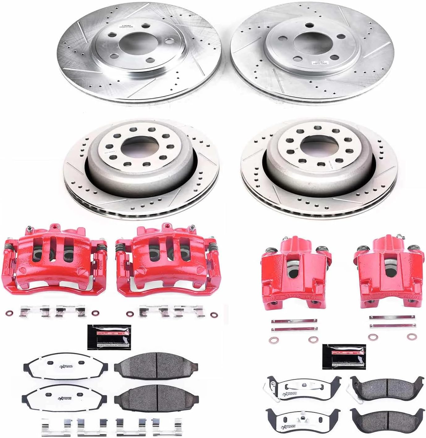 PowerStop Front and Rear Brake & Caliper Kit for Lincoln Town Car 2003-11 - Drilled & Slotted Disc Rotors + Carbon-Fiber Ceramic Brake Pads + Red-Powder Coated Calipers, KC4486-26