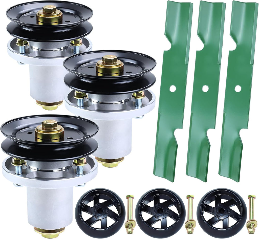 48 Inch Mower Deck Rebuild Kit for Hustler Raptor SD 48 Spindles, Raptor Flip-Up Includes 3 Pack 601804 607418 Spindle Assembly with 604665 Spindle Pulley 788166 Wheel 601123 Mower Blades