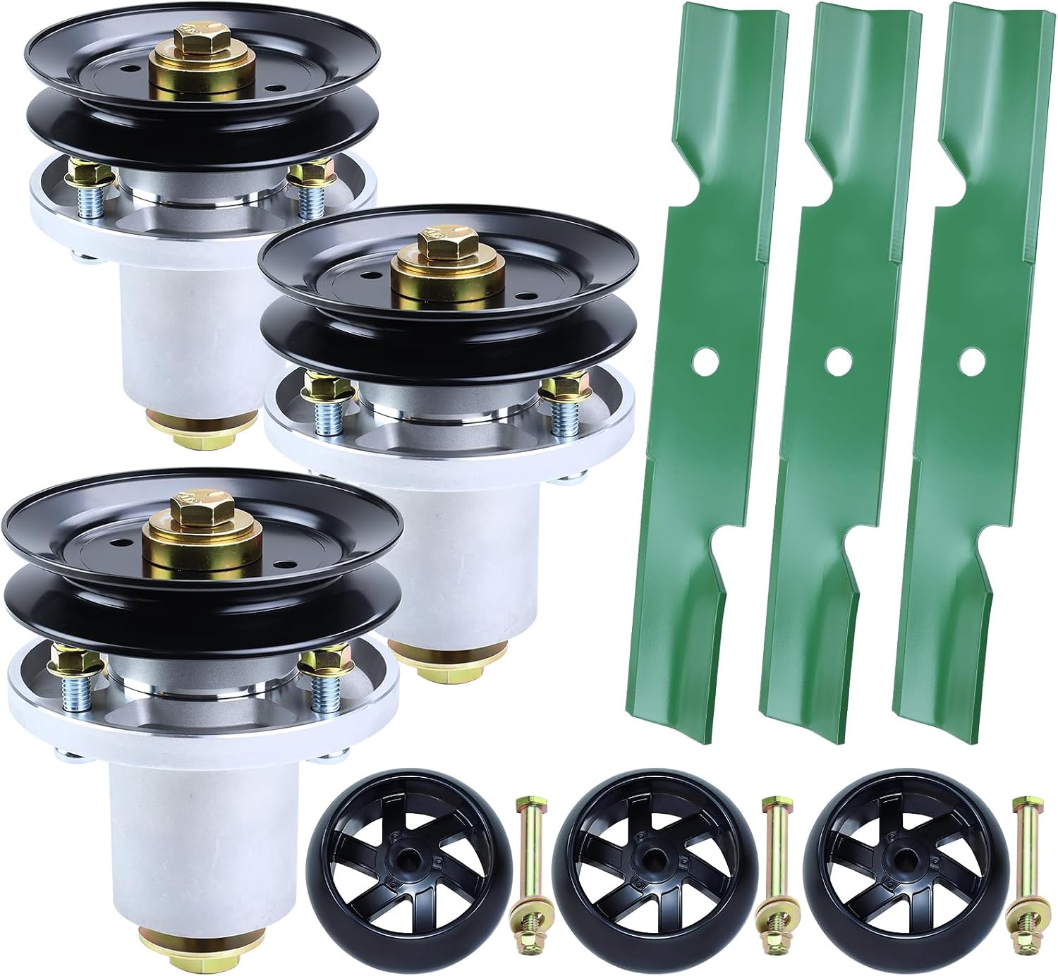 48 Inch Mower Deck Rebuild Kit for Hustler Raptor SD 48 Spindles, Raptor Flip-Up Includes 3 Pack 601804 607418 Spindle Assembly with 604665 Spindle Pulley 788166 Wheel 601123 Mower Blades