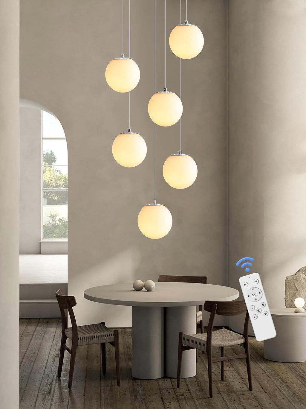 ykolupty 6-Light Silver Chandelier with White Globe Glass Dimmable Ceiling Light Glass Pendant Light for Kitchen Island, Dining Room, Living Room, Entry Hallway, LED Bulbs Included