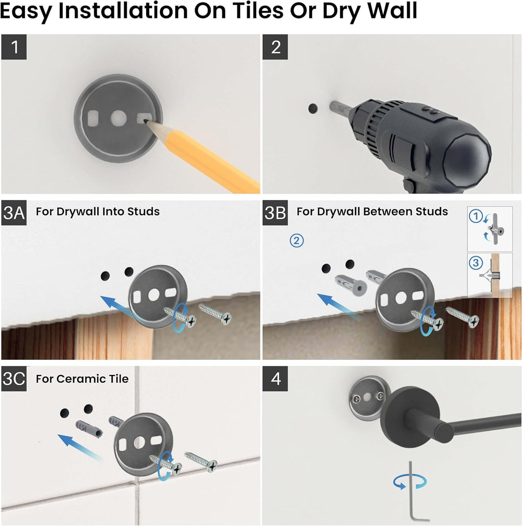 KIBI 5-Piece Bathroom Hardware Set – Circular Bath Wall Mounted Hardware Accessory Kit Includes, 18 Inch Towel Bar, Hand Towel Ring, Toilet Paper Holder, 2-Robe Hooks (Matte Black, C-KBA14-5-3)