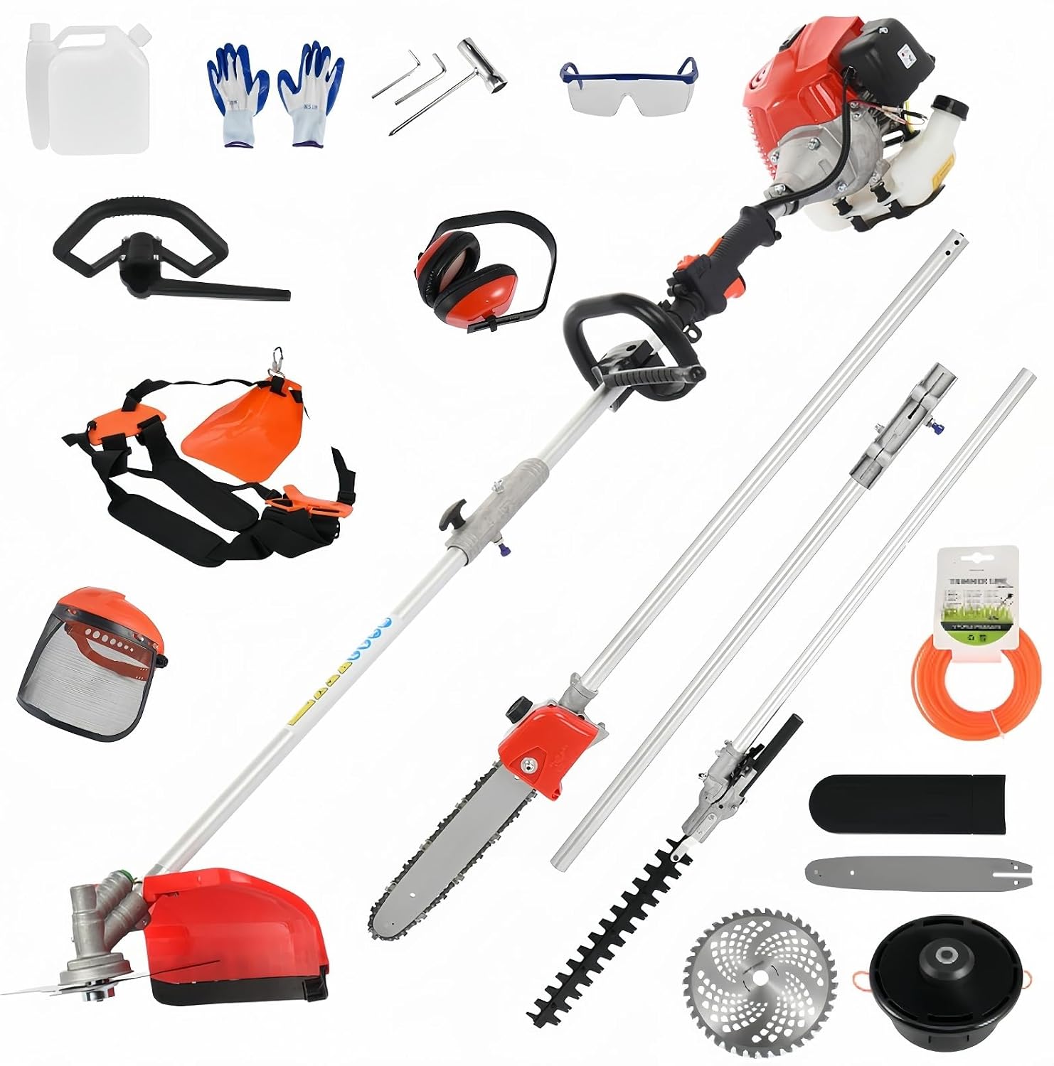 5 in 1 Gas Weed Eater - 52CC 2-Stroke Gas Weed Wacker Combo - Commercial Grade Hedge Trimming, String Trimmer, Brush Cutter, Edger, Pole Saw Pruner with Extension Pole with EPA Certification