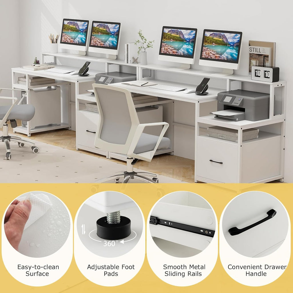 Tangkula Computer Desk with Power Outlets, 66' Computer Workstation with Monitor Stand, CPU Stand, Printer Shelf & File Drawer, Writing Table Gaming Desk for Home Office (White)