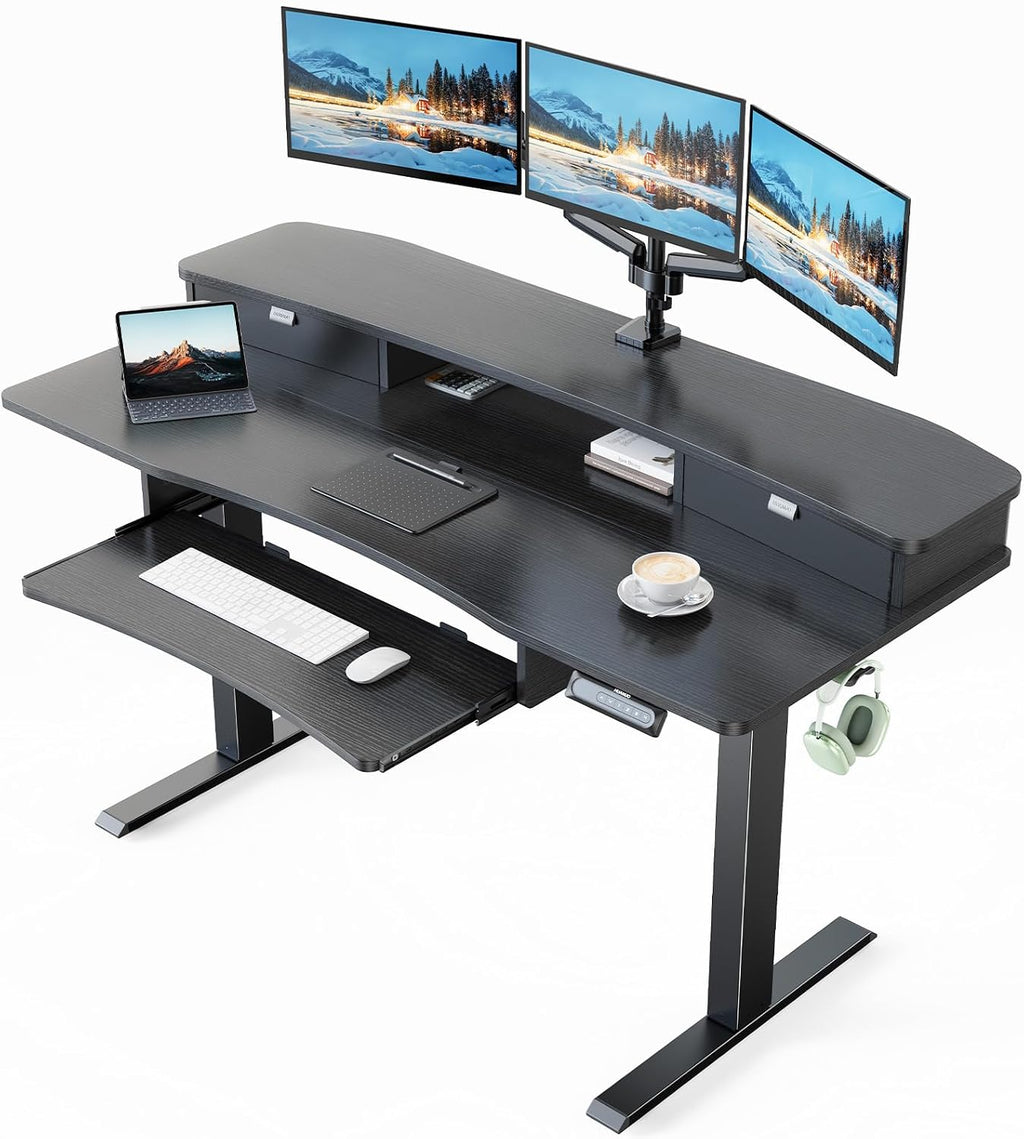 HUANUO 55' x 26' Electric Standing Desk with 2 Drawers & 26.7' Large Keyboard Tray, C-Clamp Mount Compatible, Adjustable Computer Desk for Home Office, Stand Up Desk with 4 Height Presets, Black