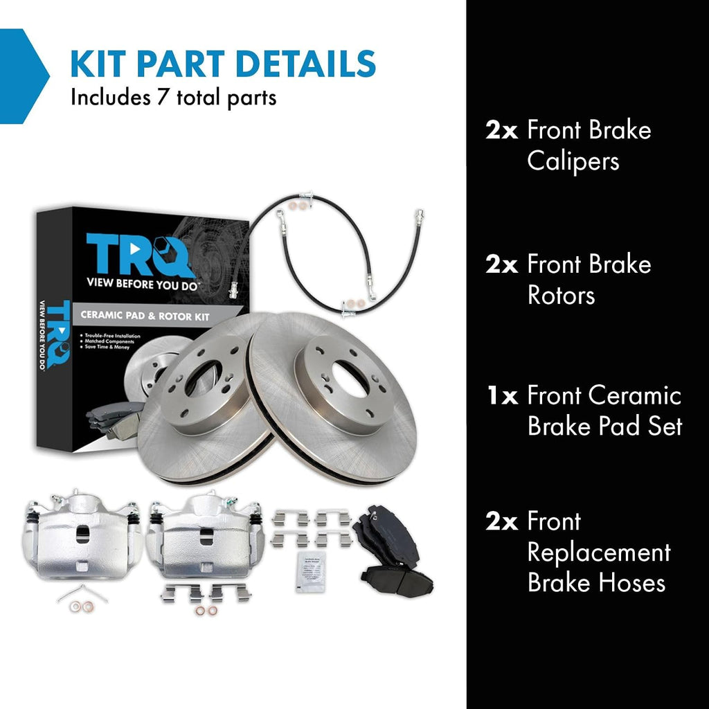 TRQ Front Brake Pad and Rotor Set Ceramic Vented Rotors Calipers Hoses Compatible with 2003-2011 Honda Element