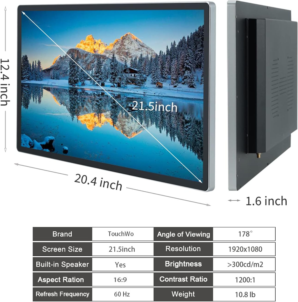 21.5 inch Capacitive Multi-Touch Screen Industrial Monitor, 16:9 Display 1920 x 1080P, Built-in Speakers, VGA & HD-MI Monitor for PC, POS, Small Business, Restaurant