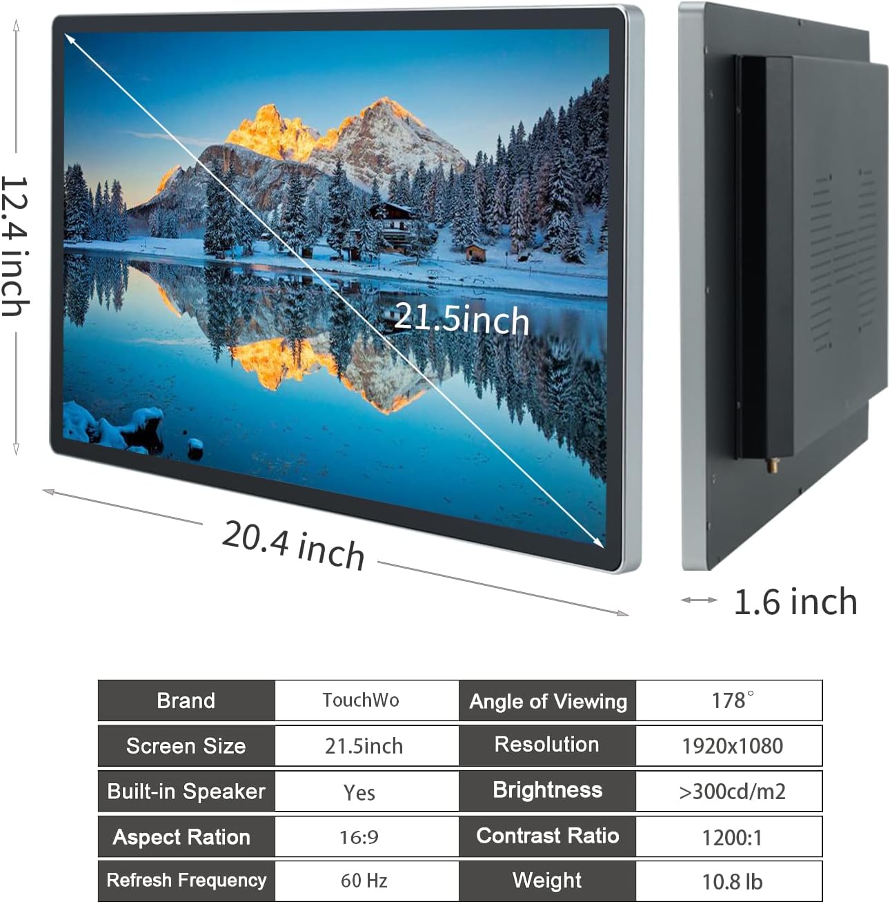 21.5 inch Capacitive Multi-Touch Screen Industrial Monitor, 16:9 Display 1920 x 1080P, Built-in Speakers, VGA & HD-MI Monitor for PC, POS, Small Business, Restaurant