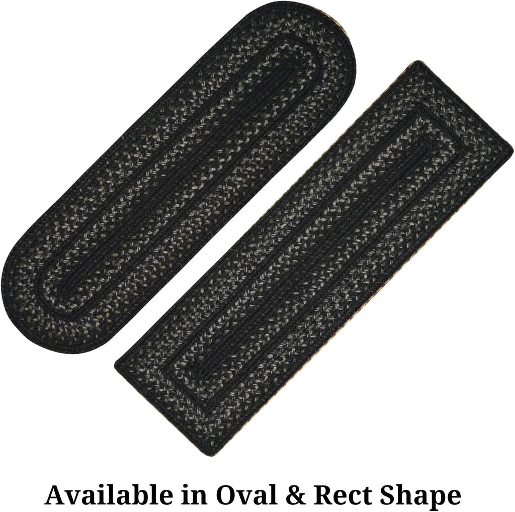 Homespice Jet Black Premium Jute Braided Stair Tread 8' x 28' (Set of 13) Oval Black, Tan Reversible, Natural Jute Yarn Rustic, Country, Primitive, Farmhouse Style - 30 Day Risk Free Purchase