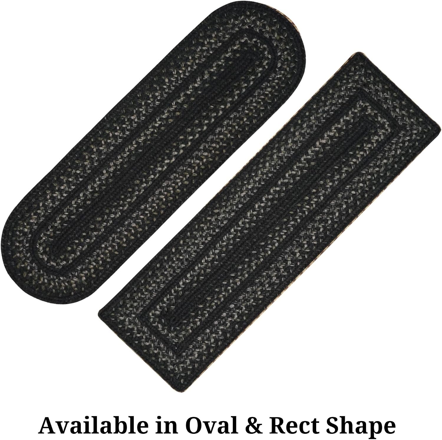 Homespice Jet Black Premium Jute Braided Stair Tread 8' x 28' (Set of 13) Oval Black, Tan Reversible, Natural Jute Yarn Rustic, Country, Primitive, Farmhouse Style - 30 Day Risk Free Purchase