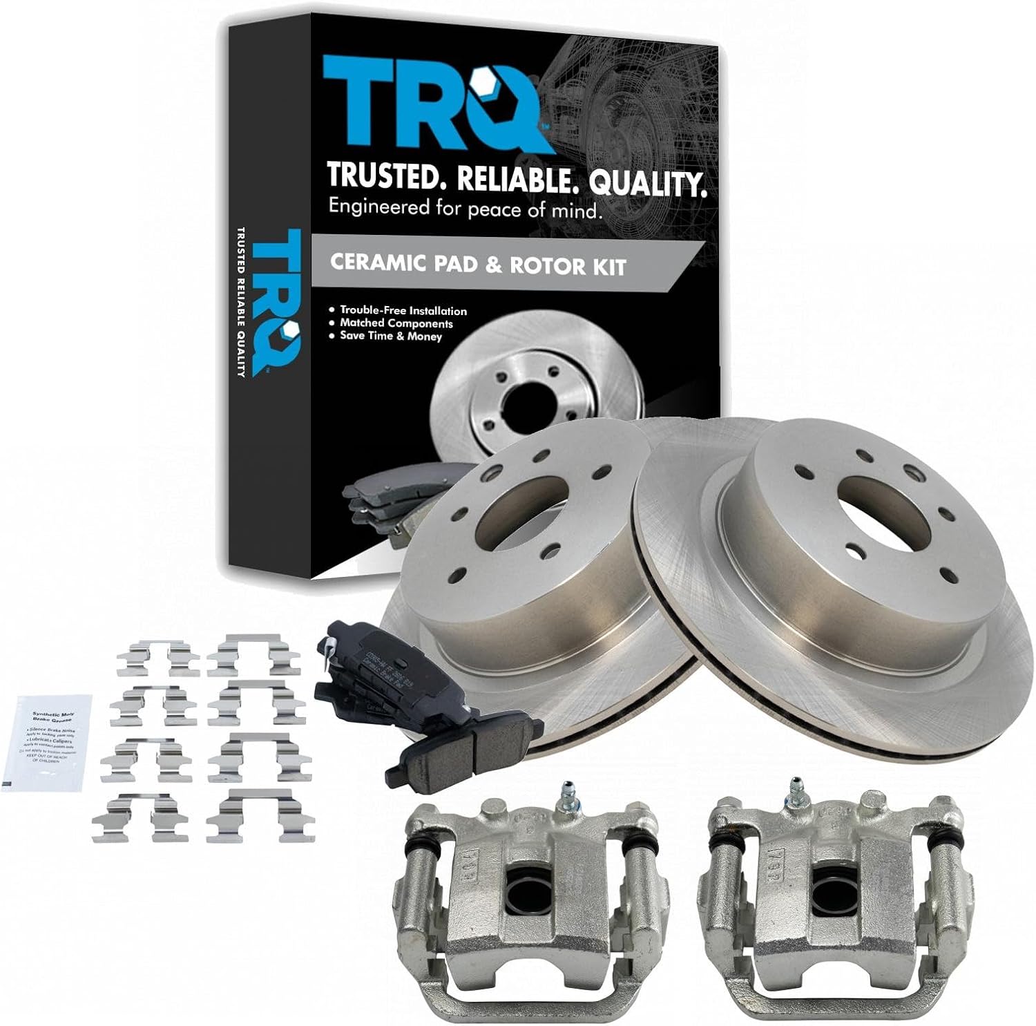 TRQ Rear Ceramic Brake Pad and Rotor Set Includes Calipers Compatible with 2008-2013 Nissan Rogue 2014-2015 Nissan Rogue Select