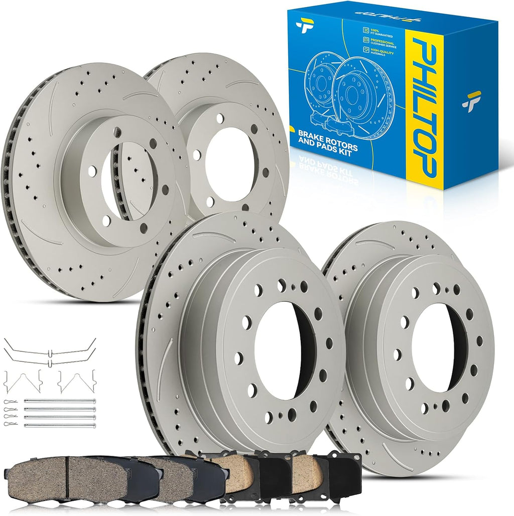 PHILTOP Front & Rear Brake Kit For 2003 2004 2005 2006 2007 2008 2009 Toyota 4Runner, Drilled & Slotted Brake Rotors Ceramic Brakes Pads Replacement : 12.28' inch Rear, 13.29' inch Front Rotor