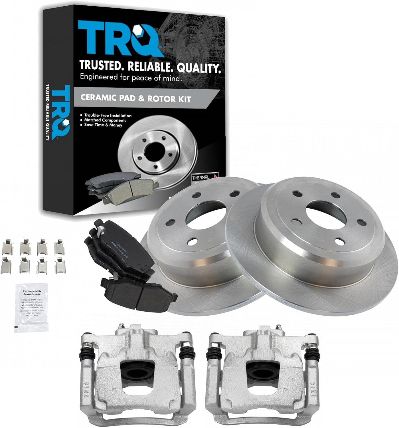TRQ Rear Brake Pad and Rotor Set Ceramic Rotors Calipers Compatible with 2007-2017 Jeep Wrangler 2018 Wrangler JK