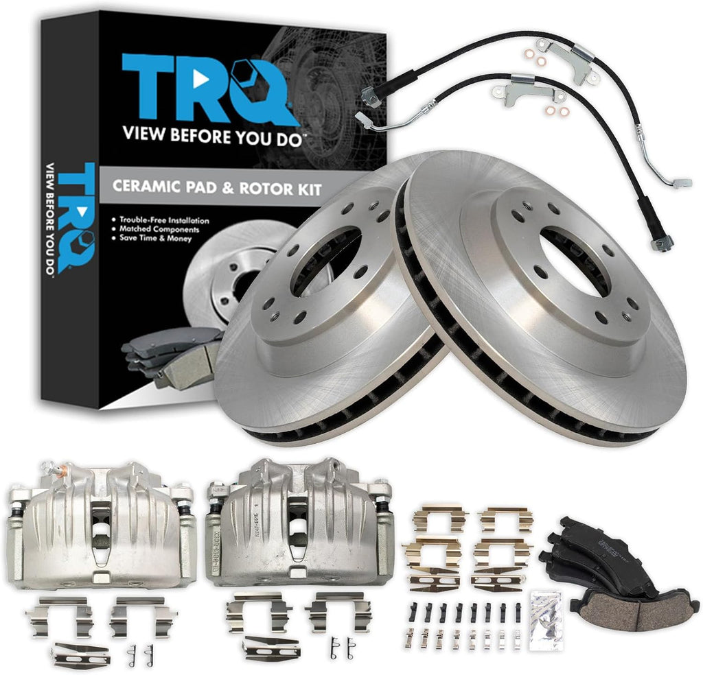 TRQ Front Brake Pad and Rotor Set Ceramic Rotors Calipers Hoses Compatible with 2002-2005 Chevrolet Trailblazer GMC Envoy 2004-2005 Buick Rainier Oldsmobile Bravada 2005 Isuzu Ascender