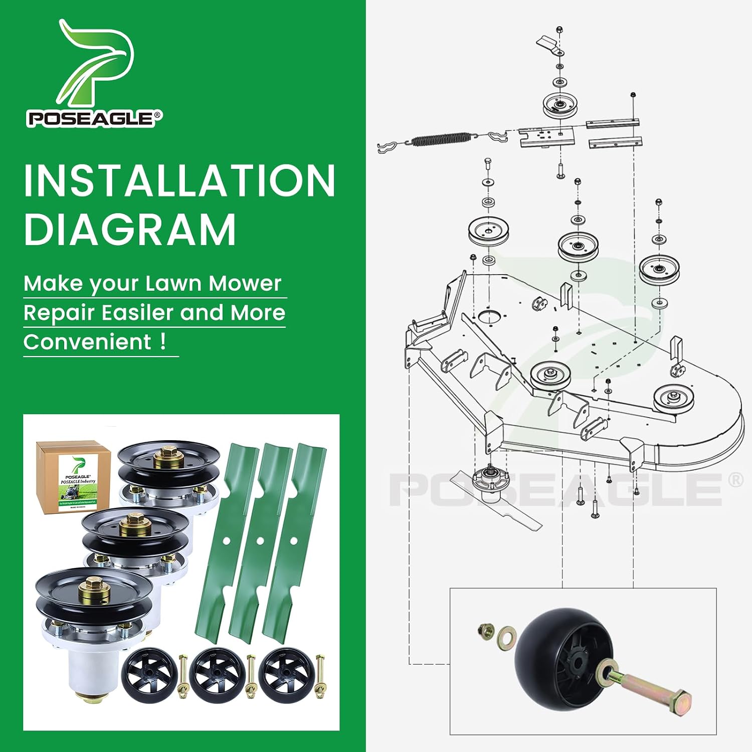 48 Inch Mower Deck Rebuild Kit for Hustler Raptor SD 48 Spindles, Raptor Flip-Up Includes 3 Pack 601804 607418 Spindle Assembly with 604665 Spindle Pulley 788166 Wheel 601123 Mower Blades