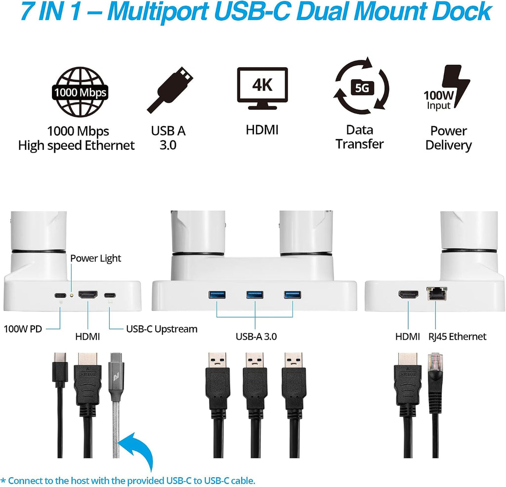 AVLT Dual 17'-43' Monitor Arm Desk Mount with 15' Laptop Tray and USB-C&A Docking Station 5Gbps, HDMI 4K60Hz, Ethernet, 100W PD, Fits Two Flat/Curved Monitor - White