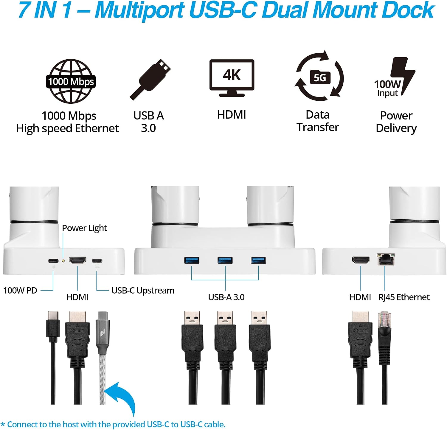 AVLT Dual 17'-43' Monitor Arm Desk Mount with 15' Laptop Tray and USB-C&A Docking Station 5Gbps, HDMI 4K60Hz, Ethernet, 100W PD, Fits Two Flat/Curved Monitor - White