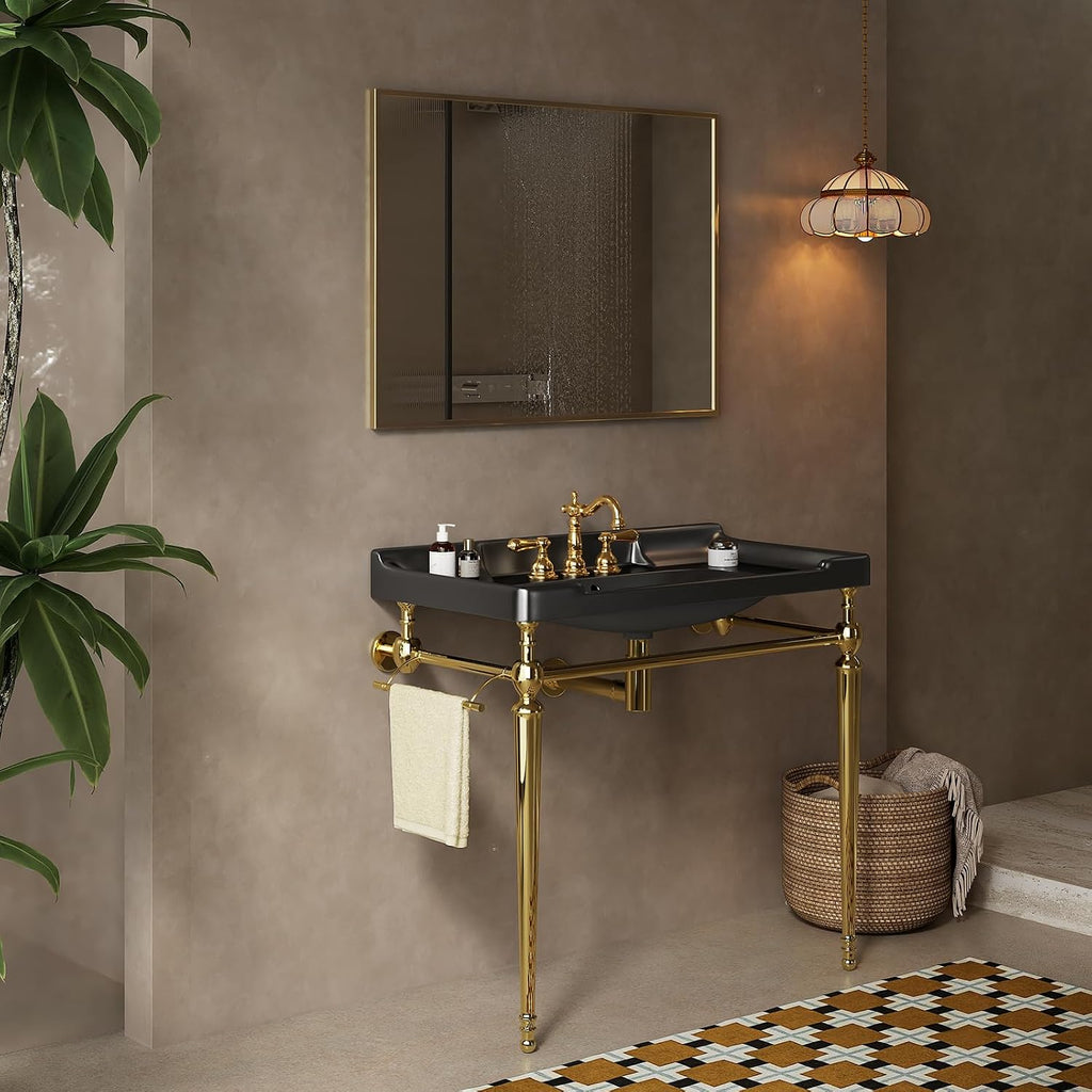 36'' Console Bathroom Sink, Freestanding Console Sink With Stainless Brushed Gold Legs, Modern Bathroom Vanity with 3 Tap Holes and Pop Up Drain, Black