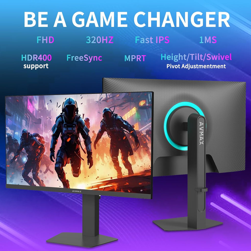AVMAX 24.5 Inch Gaming Monitor 320Hz/300Hz/240Hz,FHD1920X1080 Fast IPS,Adaptive FreeSync,90% DCI-P3,HDR400 Support,ErgoStand 2XDP1.4&2XHDMI2.0,M253B