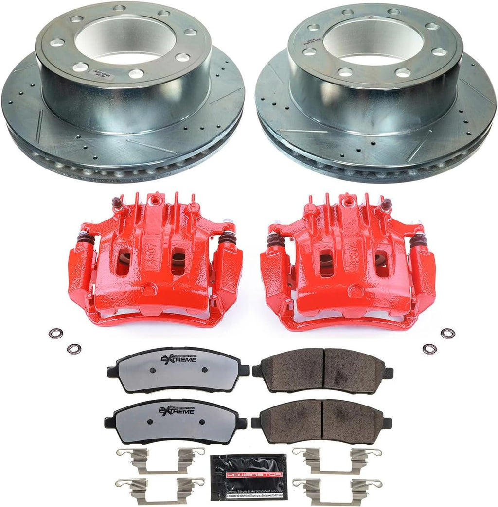 PowerStop Rear Brake & Caliper Kit for Ford Excursion 2000-05 |F-250 Super Duty 2000-04 - Drilled & Slotted Disc Rotors + Z36 Brake Pads + Red-Powder Coated Calipers, KC1890A-36