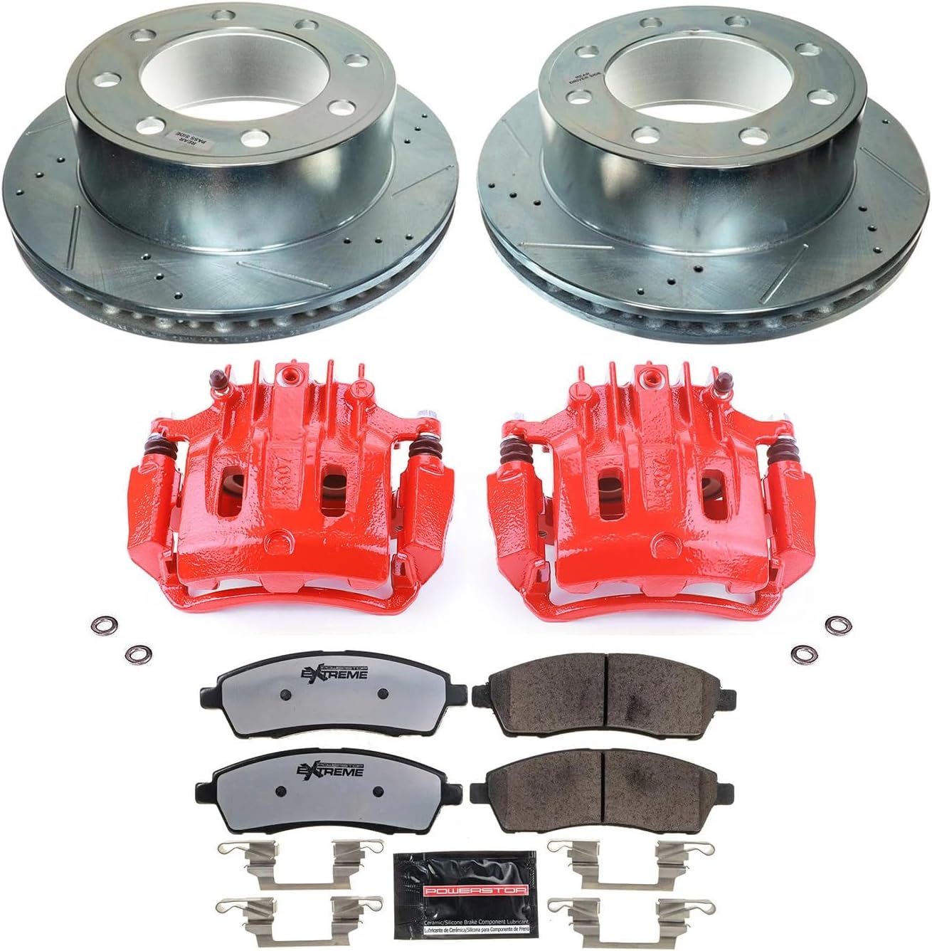 PowerStop Rear Brake & Caliper Kit for Ford Excursion 2000-05 |F-250 Super Duty 2000-04 - Drilled & Slotted Disc Rotors + Z36 Brake Pads + Red-Powder Coated Calipers, KC1890A-36