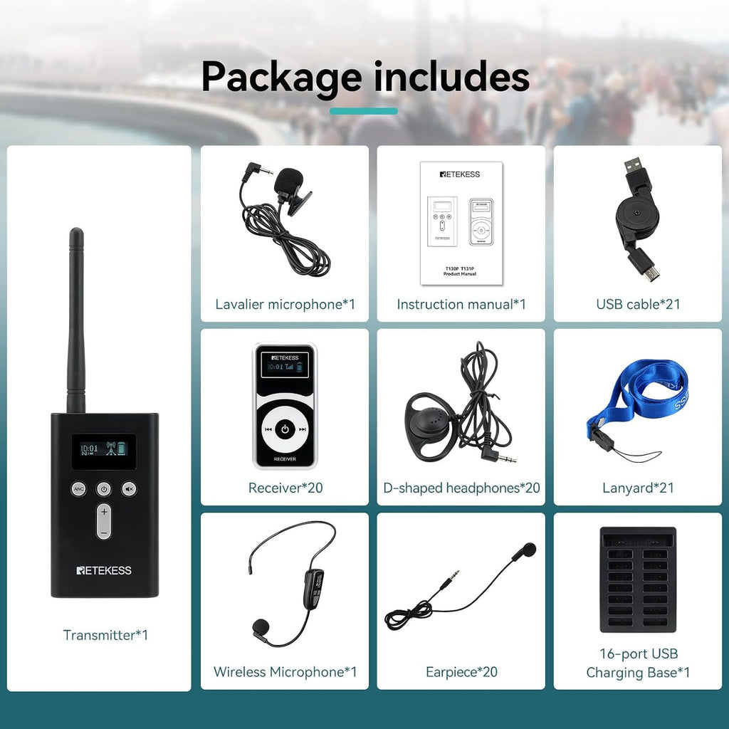Retekess T130P Factory Tour Guide System Voice Audio Transmission,Upgraded Noise Reduction,Tour Guide Microphone,160m/525ft,Walking Tour Headsets for Tour Groups (1TX 20 RX)