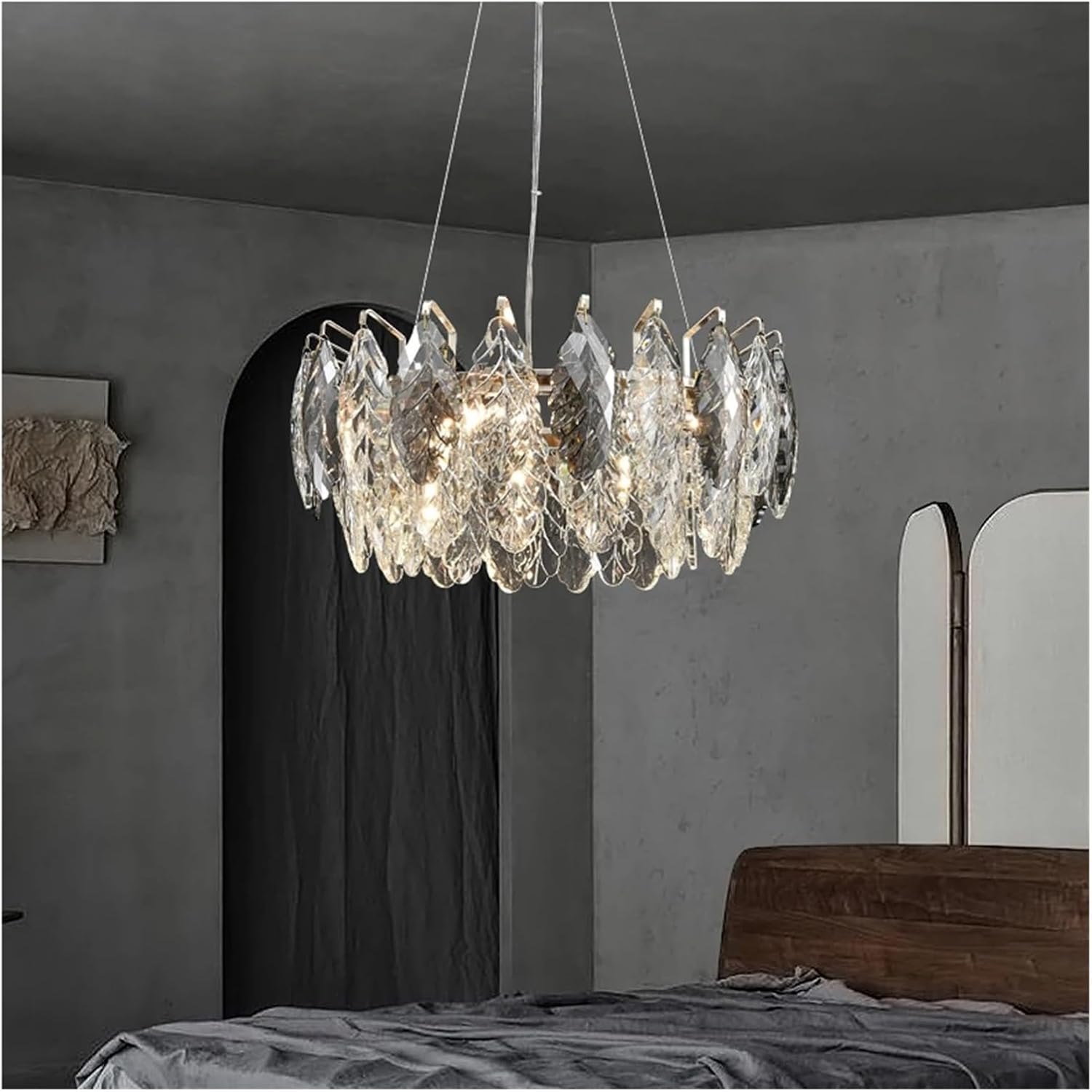 LED Dimmable Crystal Goose Feather Gold Silver Lustre Chandelier Lighting Suspension Luminaire Lampen for Dinning Room,Dining Light Fixtures