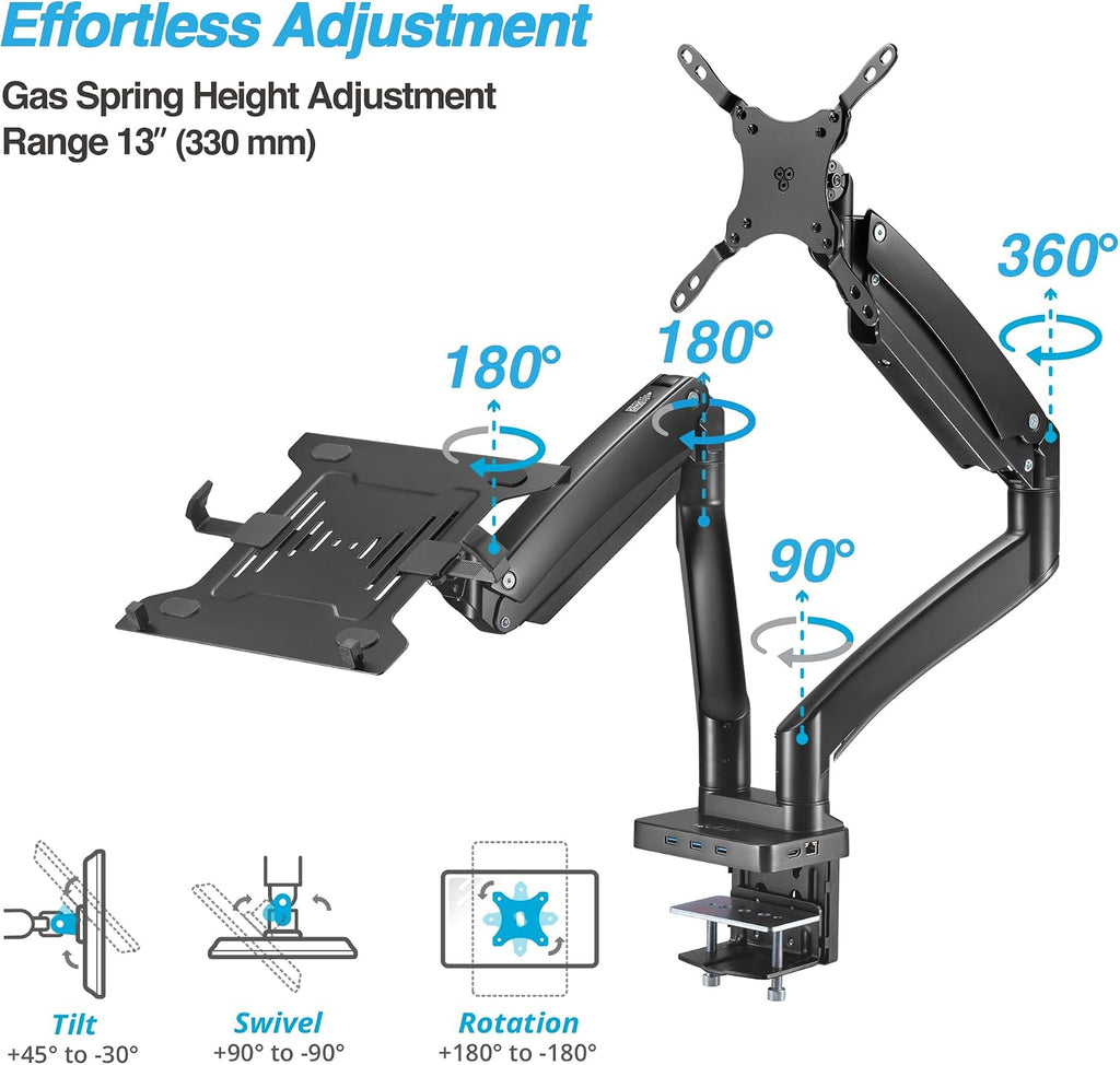 AVLT Dual 17'-43' Monitor Arm Desk Mount with 15' Laptop Tray and USB-C&A Docking Station 5Gbps, HDMI 4K60Hz, Ethernet, 100W PD, Fits Two Flat/Curved Monitor - Black