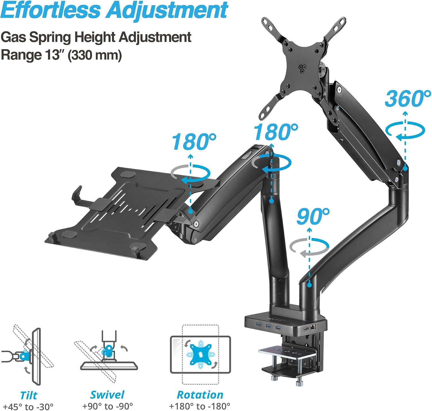 AVLT Dual 17'-43' Monitor Arm Desk Mount with 15' Laptop Tray and USB-C&A Docking Station 5Gbps, HDMI 4K60Hz, Ethernet, 100W PD, Fits Two Flat/Curved Monitor - Black