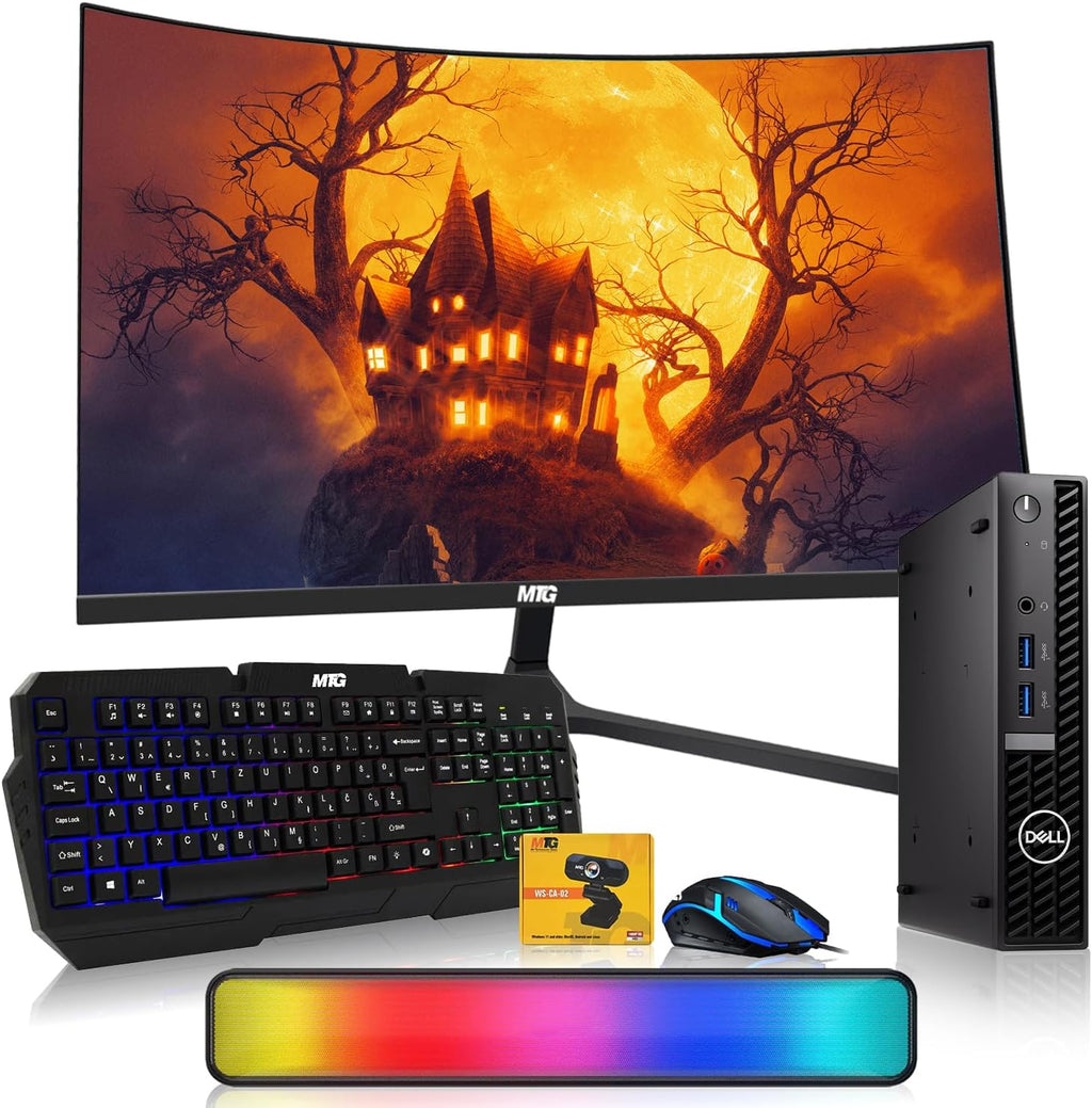 Dell Optiplex Tiny Mini Desktop PC, Intel Core i5, 16GB RAM, 1TB SSD with 24 inch Curved Monitor, AI Enabled RGB Keyboard Mouse, RGB Soundbar and Webcam Windows 11 Pro (Renewed)