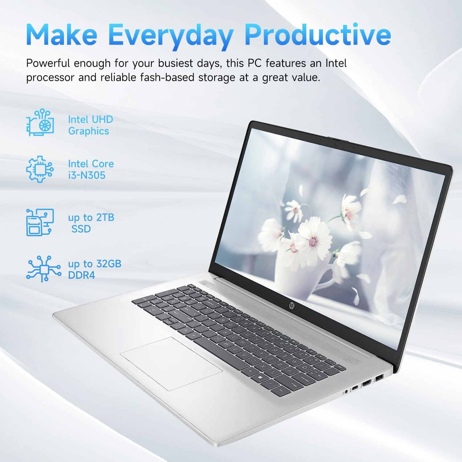 HP 17.3' Touchscreen Laptop, Intel Core i3 CPU, Win 11 Pro w/Office 365 for the Web, 32GB RAM, 128GB eMMC + 2TB SSD, Numeric Keypad, Wi-Fi 6, Silver, Bundle with PCO Notebook Fold Radiator, Cooler