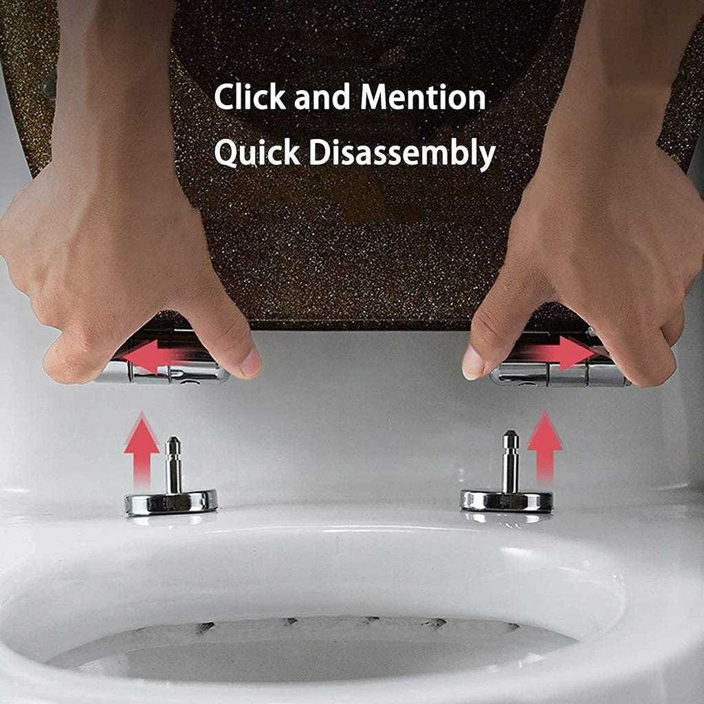 Glitter Toilet Seat ONE Button Release Soft Close Top/Bottom Fix, Quick Release Toilet Seat Oval, 36×42Cm,Gold,Silver