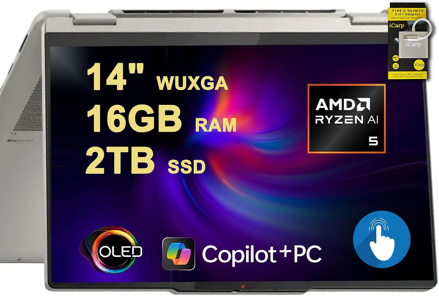 Lenovo Yoga 7 2-in-1 Laptop 14' WUXGA OLED Touch (100% DCI-P3, 600nits HDR) AMD 6-core Ryzen AI 5 340 (Up to 50 Tops) 16GB DDR5 2TB SSD for Creator Business Work Win11 ICP Hub
