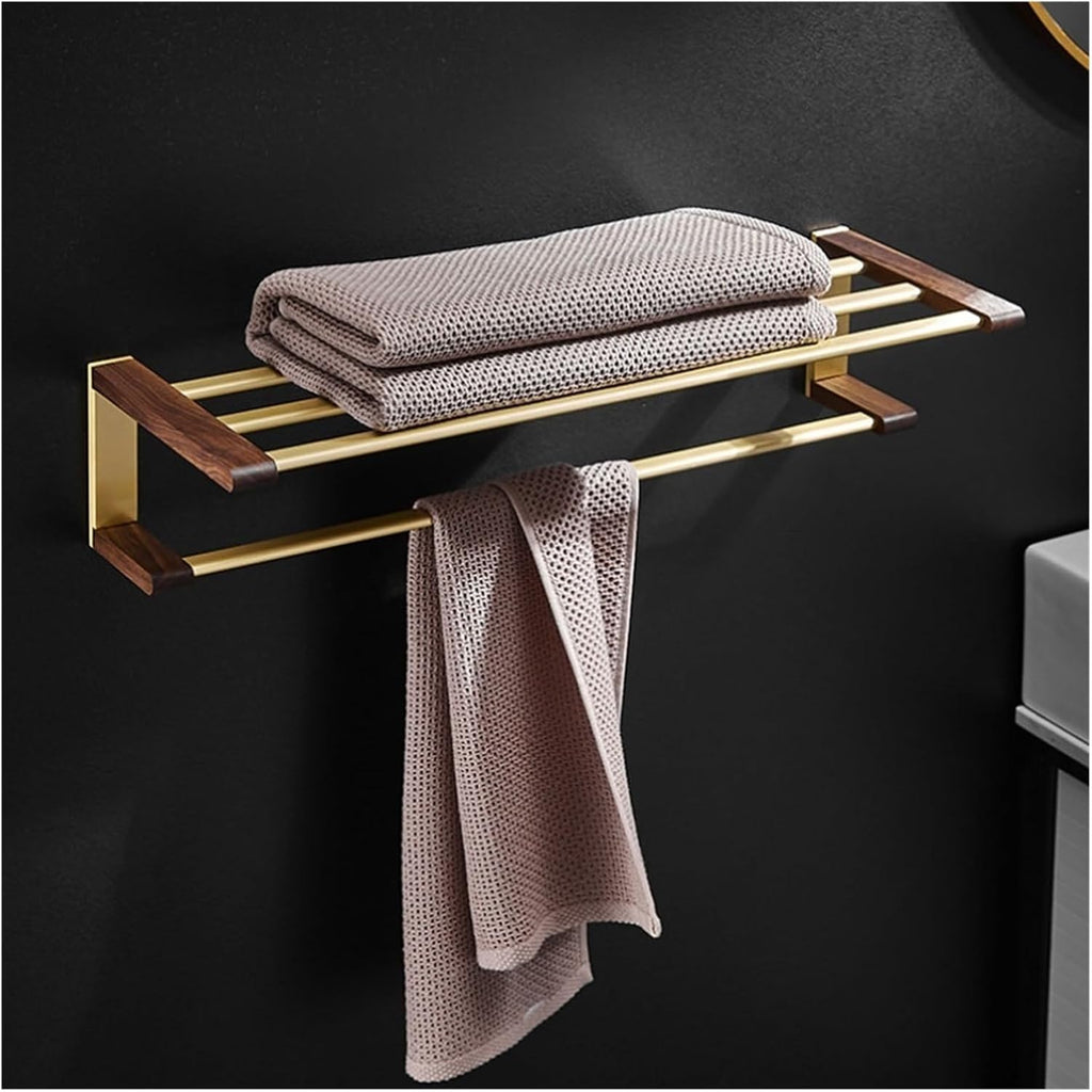 Towel Hanger for Bathroom,Walnut Wood Rack Double Rail Bar Shelf Wall Mounted Holder Space Aluminum Towels Storage Laundry Room Bars(50 * 20.5 * 12cm)