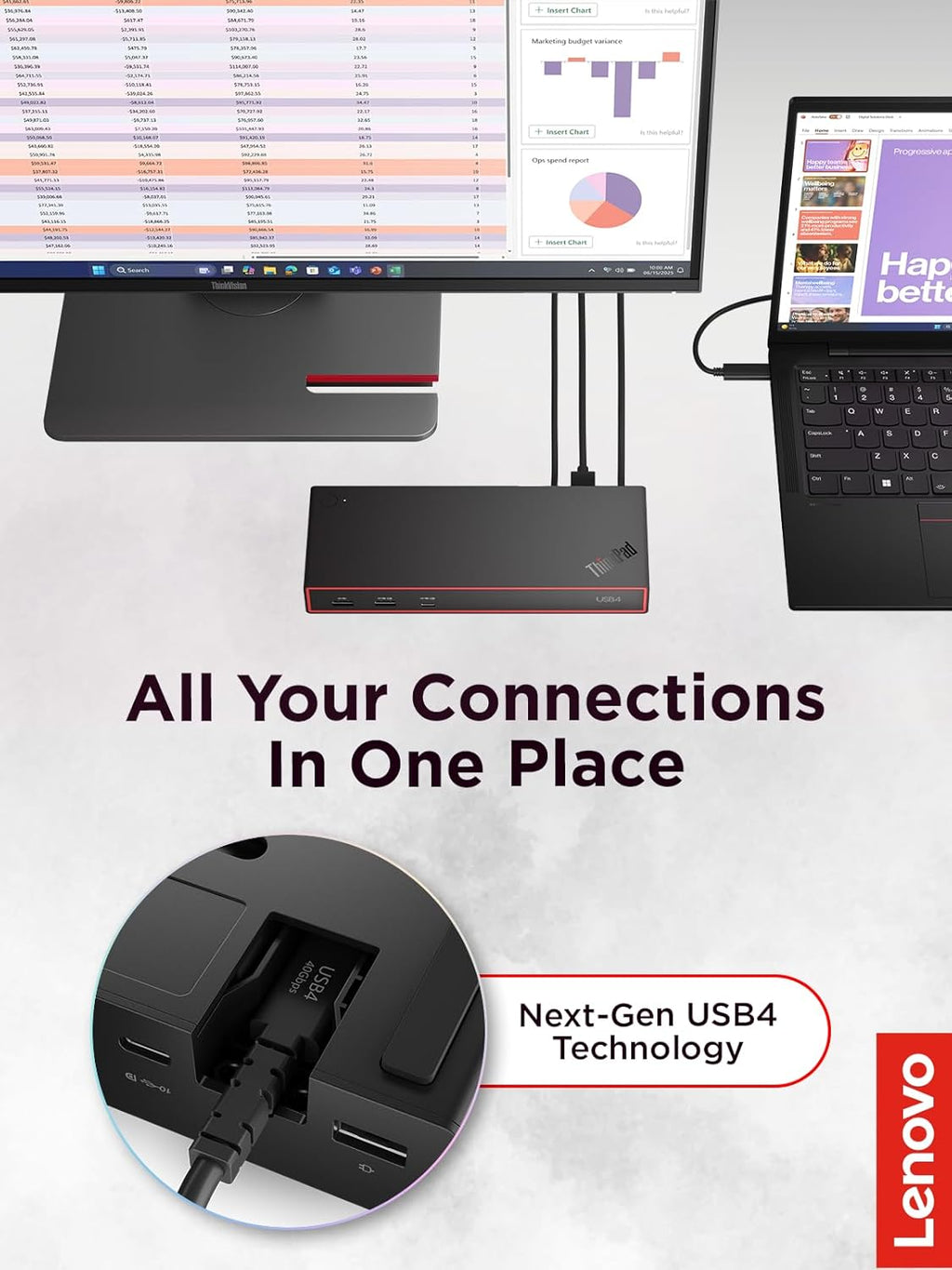 Lenovo ThinkPad USB4 Dock 5000, 40Gbps Bandwidth, Universal Compatibility, 65W Charging, Multiple Display Support, Black