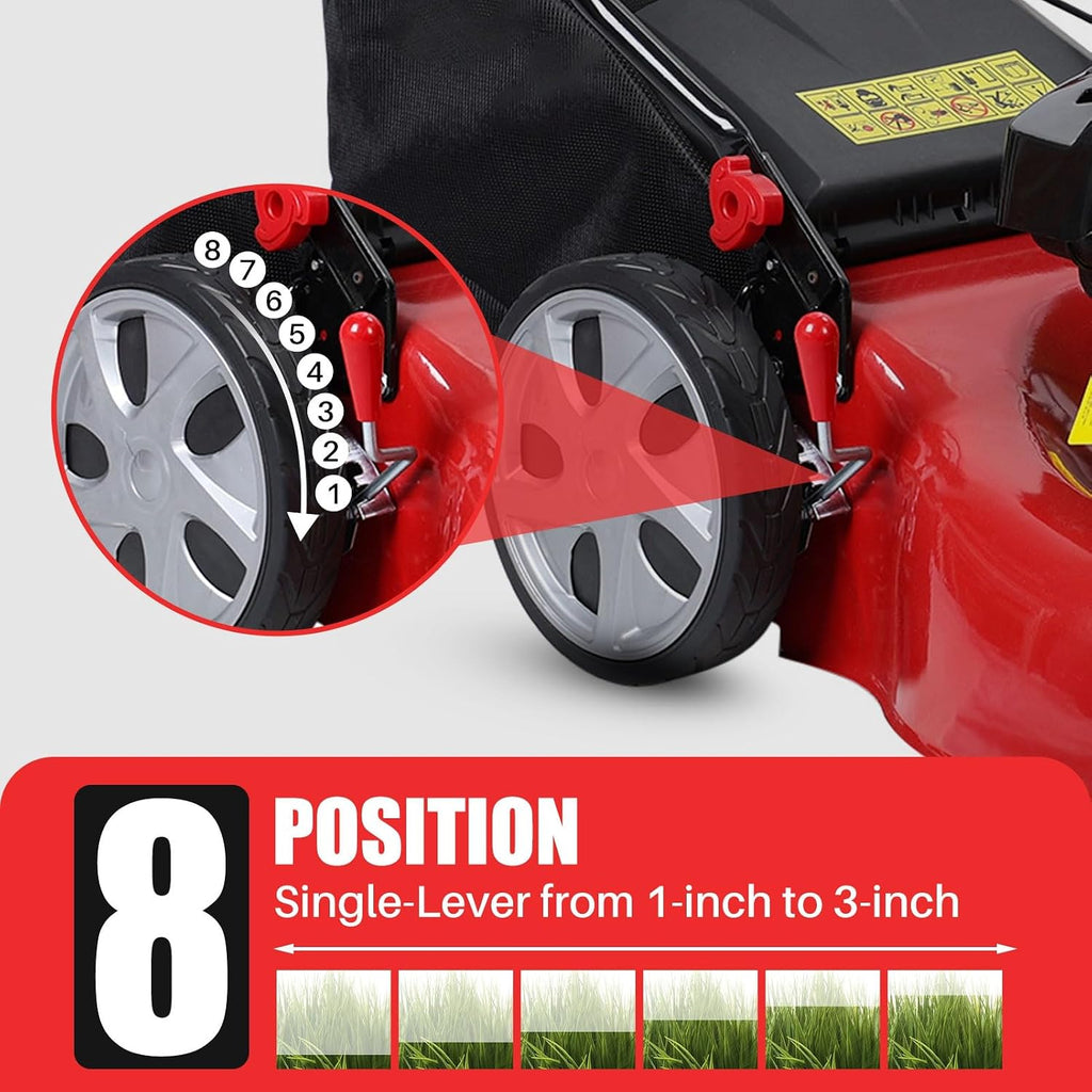 Gas Lawn Mower Self Propelled, 141cc Gas Push Mowers Walk-Behind with 20-inch Steel Deck, 8-Level Height Adjustment, 3-in-1 Mulch, Bag, Discharge, 12-inch High Rear Wheels Red