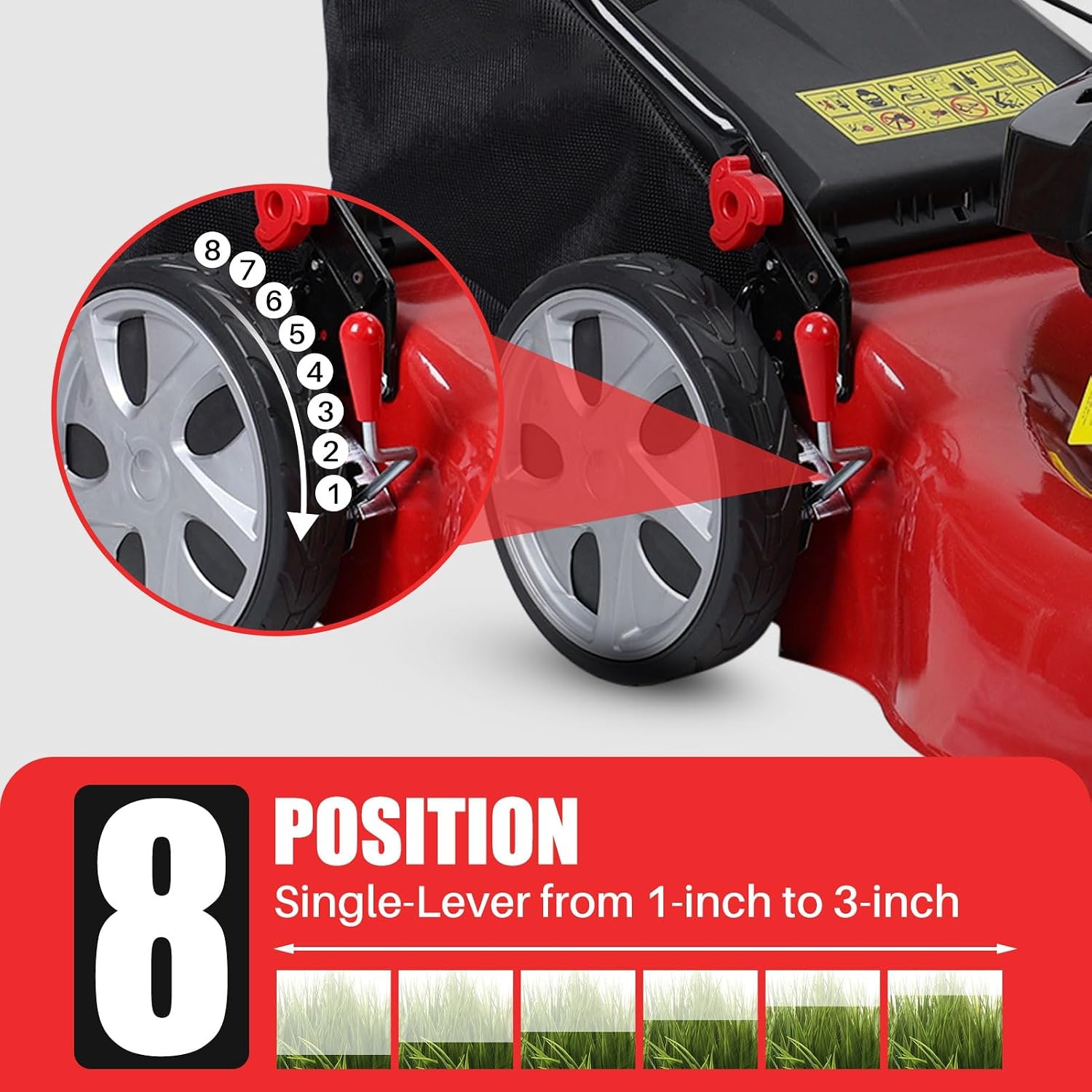 Gas Lawn Mower Self Propelled, 141cc Gas Push Mowers Walk-Behind with 20-inch Steel Deck, 8-Level Height Adjustment, 3-in-1 Mulch, Bag, Discharge, 12-inch High Rear Wheels Red