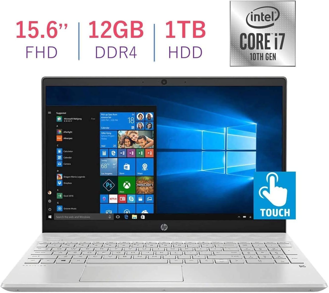 HP Pavilion 15.6-inch Touchscreen FHD(1920x1080) IPS Laptop PC, 10th Gen Quad Core Intel i7-1065G7 Processor, 12GB DDR4, 1TB HDD, Bluetooth, HDMI, B&O Play Audio, Backlit Keyboard, Windows 10 Home