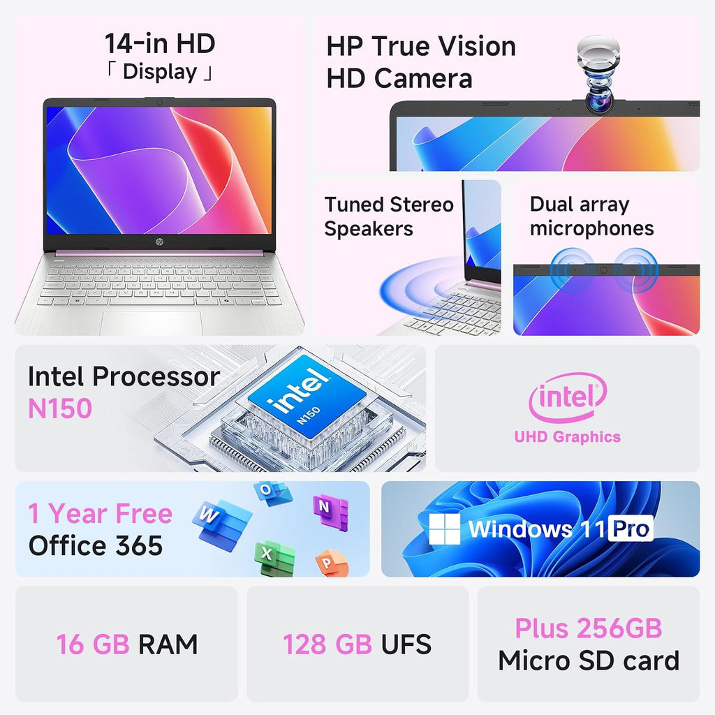 HP 2026 14 inch Laptop Computer, Copilot AI, Intel N150, 16 GB RAM, 512 GB Storage(128GB UFS+256GB MSD+128GB UFD), 1-Year Office 365, WiFi 6, Ultra Light, Portable, Windows 11 Pro, Honey Lavender