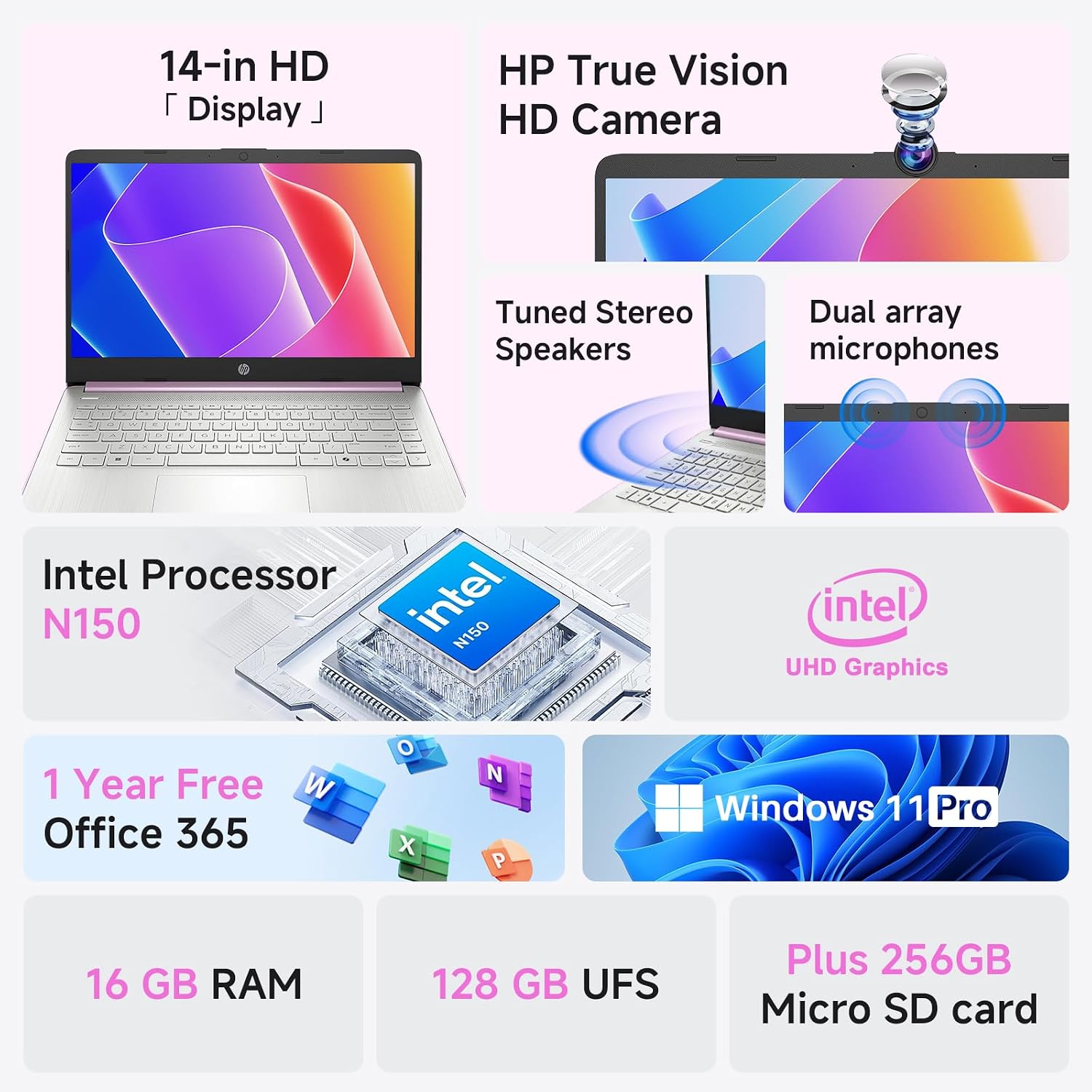 HP 2026 14 inch Laptop Computer, Copilot AI, Intel N150, 16 GB RAM, 512 GB Storage(128GB UFS+256GB MSD+128GB UFD), 1-Year Office 365, WiFi 6, Ultra Light, Portable, Windows 11 Pro, Honey Lavender
