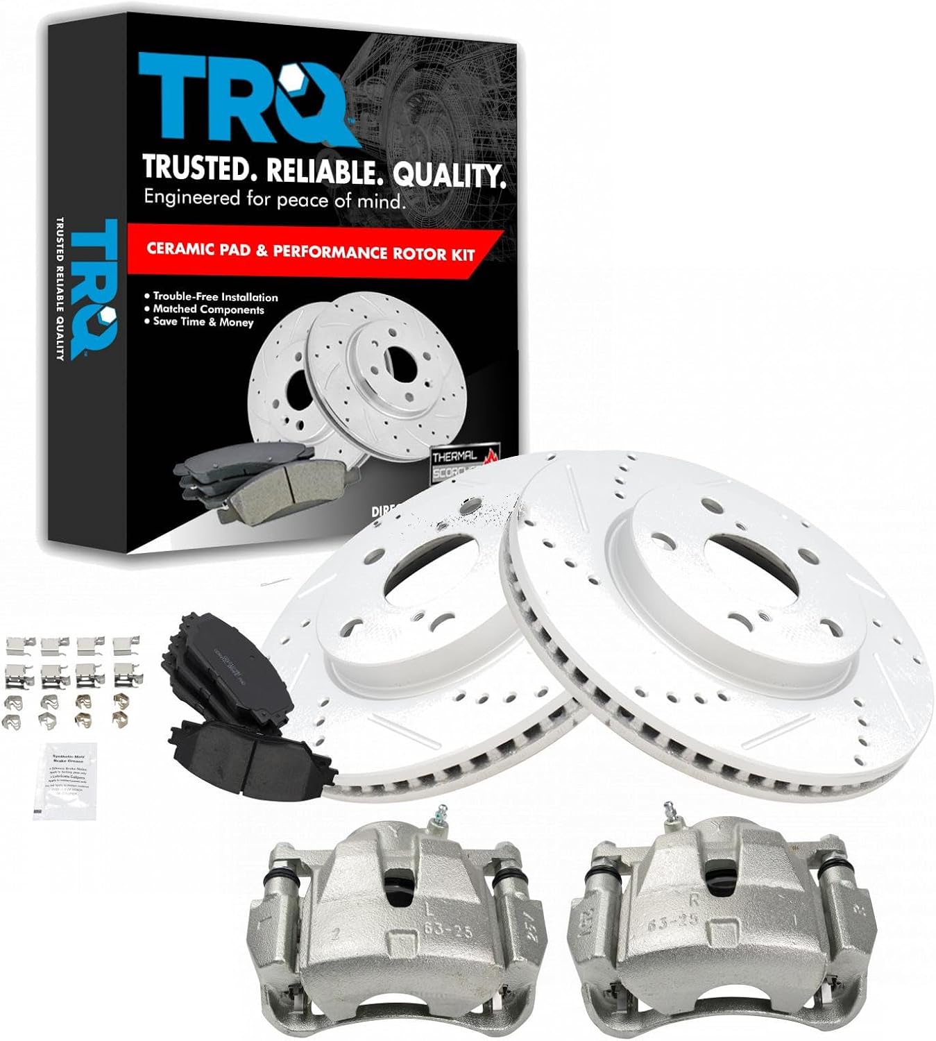 TRQ Performance Front Brake Pad and Rotor Set Ceramic Vented Coated Rotors Calipers Compatible with 2006-2012 2006-2018 Toyota RAV4