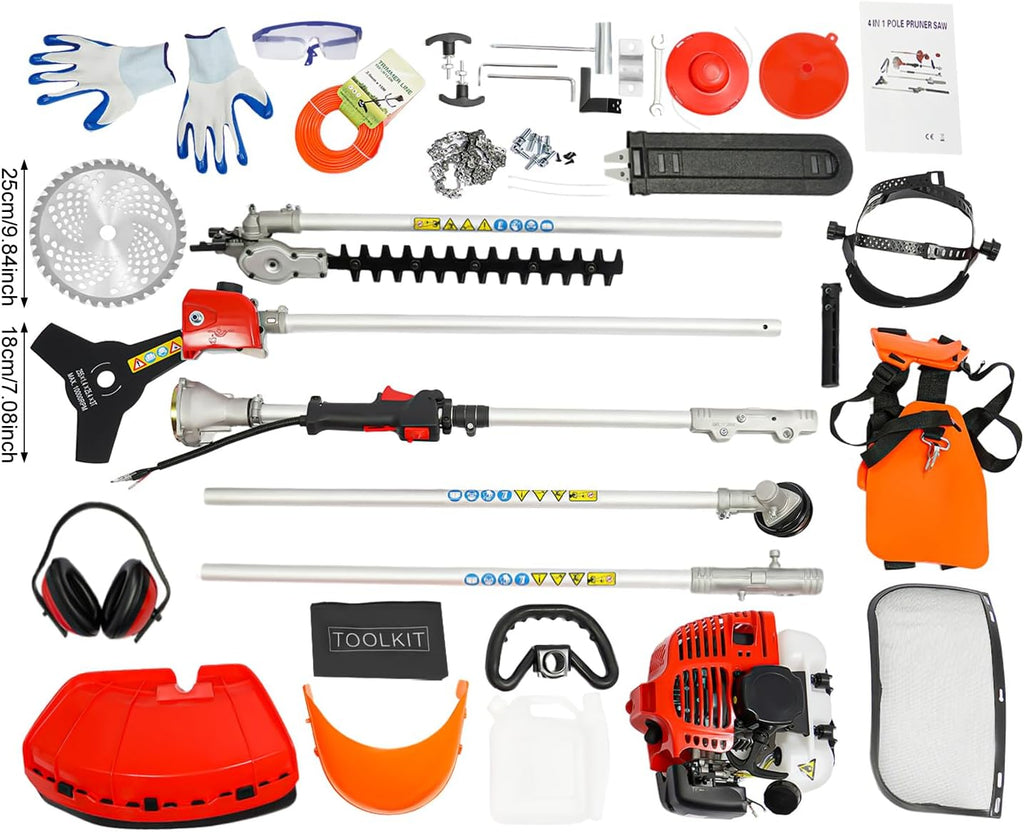Gas Weed Eater,51.7CC 2-Strokes Cutter Grass Trimmer 4 in 1 Lawn Mower Pruner Tool Multi Garden Tools Brush Cutter, Gas Hedge Trimmer,Pole Saw with Extension Pole, for Lawn Garden Tree Trimming