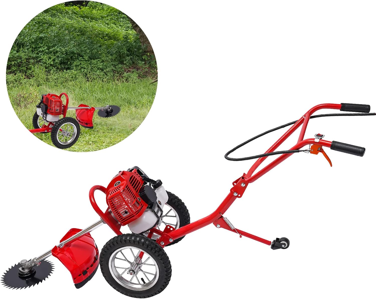49CC Gas Powered Hand Push Lawn Mower with Air-Cooled 3-in-1 Gasoline Engine Grass Trimmer for Home Garden Yard 7000r/min